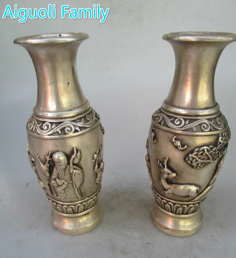 

Коллекционная 1 пара декоративных старых тибетских серебряных фотоваз династии Мин/Цин ручной работы