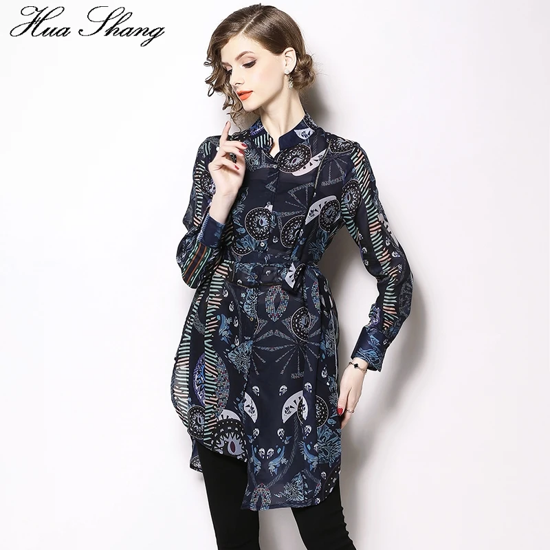 

Long Shirt Women 2019 Summer Stand Collar Long Sleeve Floral Print Chiffon Blouse Belted Slim Irregular Ladies Office Tops
