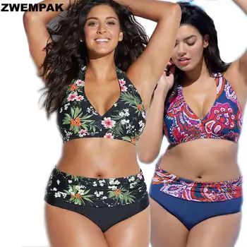 

2018 Plus Size XL-4XL Women Bikini set High Waisted Floral Swimsuit Large Halter Swimsuits Big Size Bathing suit Sexy Beachwear