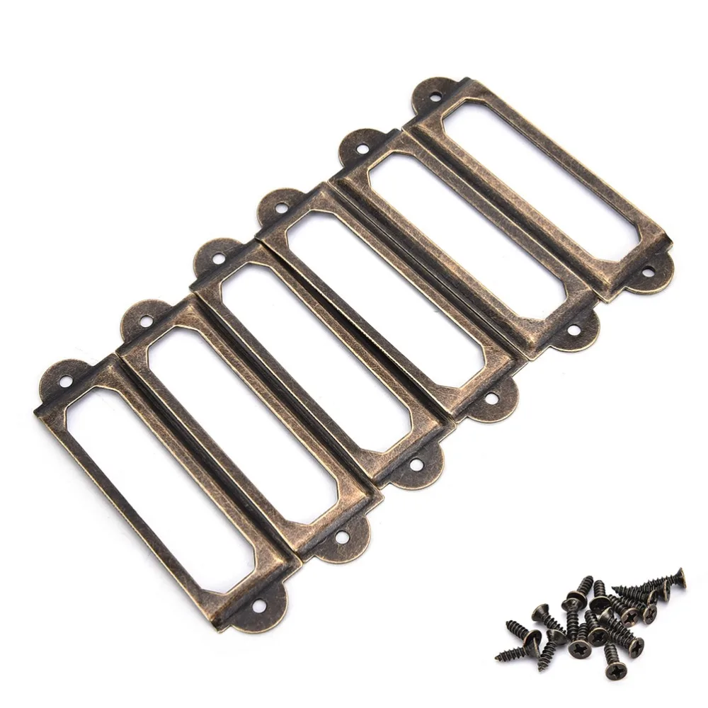 50Pcs Antique Brass Metal Label Pull Frame Handle File Box Case Bin with Screw Name Card Holder Furniture Cabinet Drawer