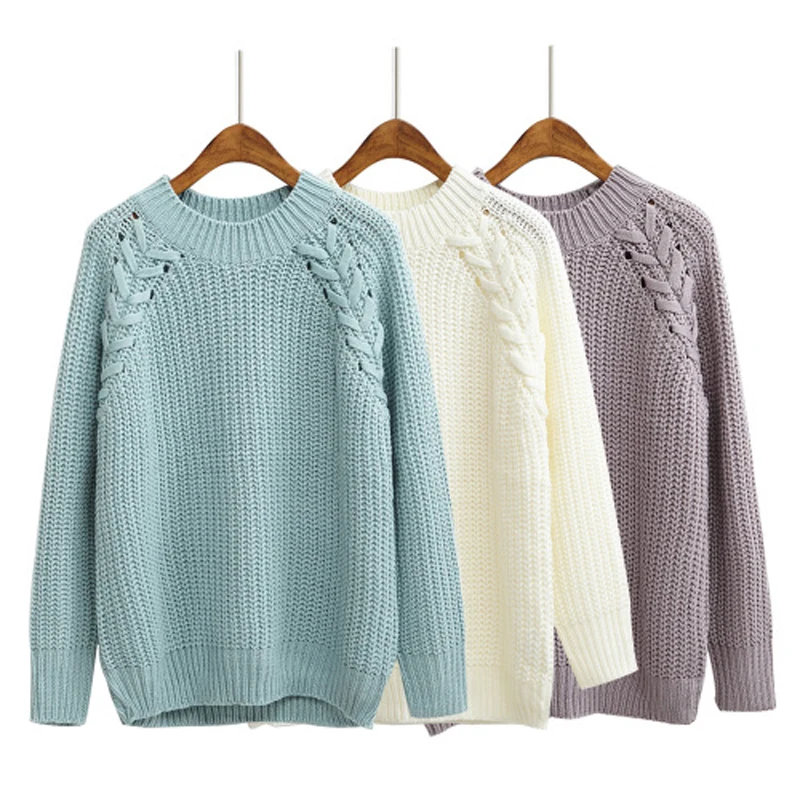 2018 Autumn Winter Women Sweaters and Pullovers Loose Casual Solid Color O-Neck Twist Knitted Wool Thicking Sweater