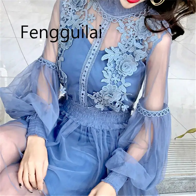 

Stand-Neck Long-Sleeved Party Dresses Women Sweet Mesh Streetwear Mid-Calf Dress Female 2019 Summer Lace Dress Vestidos