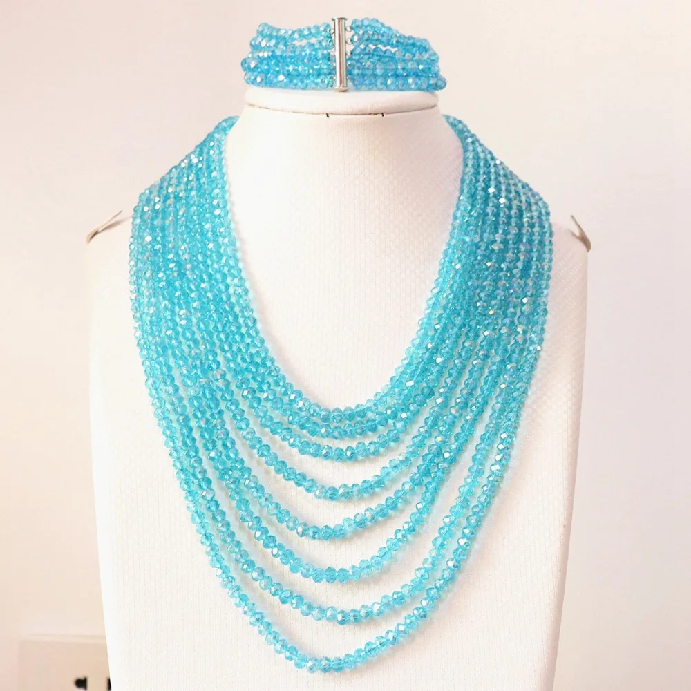 sky blue crystal glass 4x6mm beads fashion diy jewelry set 8 rows chain nacklace 5 rows bracelet B854