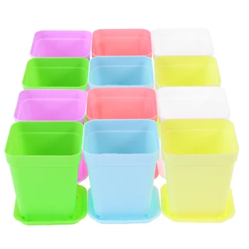 

12pcs Small Plastic Flower Plant Pots 7*7cm Square Flower Pot with Saucers for Planting