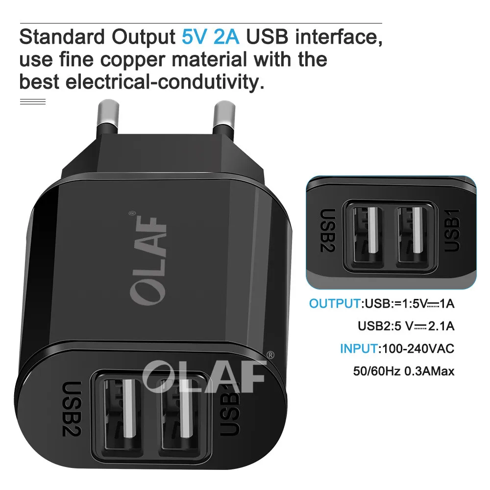 OLAF USB Charger Dual Ports EU 5V 2A Travel Wall Adapter Mobile Phone Micro Data Charging For iphone Samsung Xiaomi Huawei LG