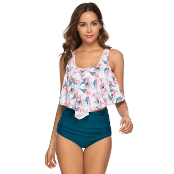 

Women Ruffled High Waist Two Piece Swimwear Sexy U Neck Floral Printed Swimsuit Summer Holidays Beachwear 2019 New Bathing Suit