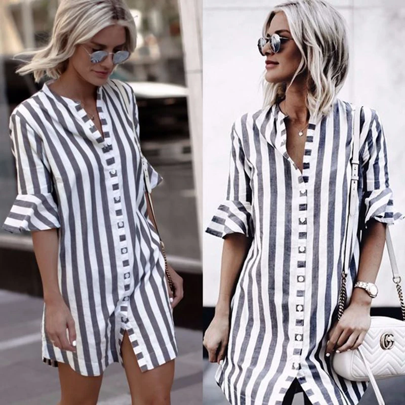 Women Horn Sleeve Striped Half Tops V-Neck Office Lady Long Blouse Ladies Trumpet Shirt Top |