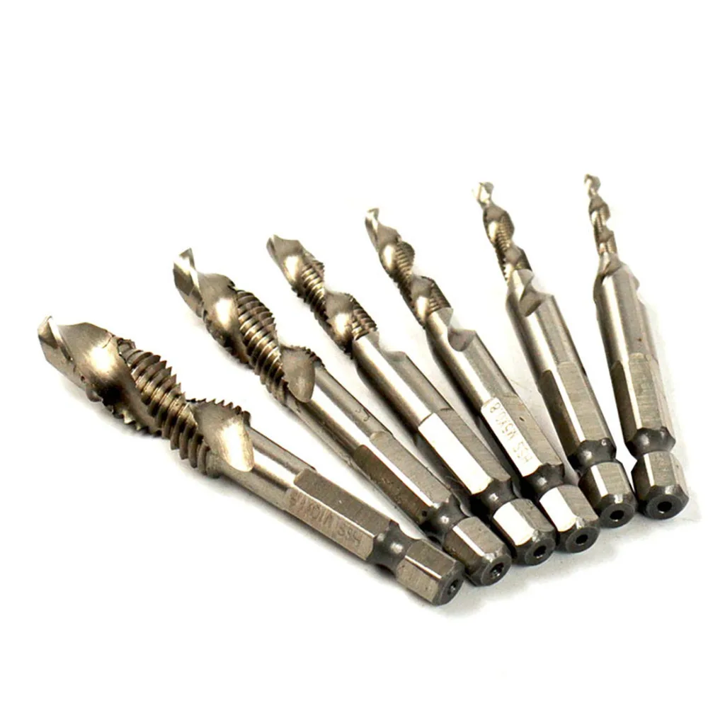 

6pcs/set 1/4'' Hex HSS High Speed Steel Thread Spiral Screw M3 M4 M5 M6 M8 M10 Metric Composite Tap Drill Bit Tap