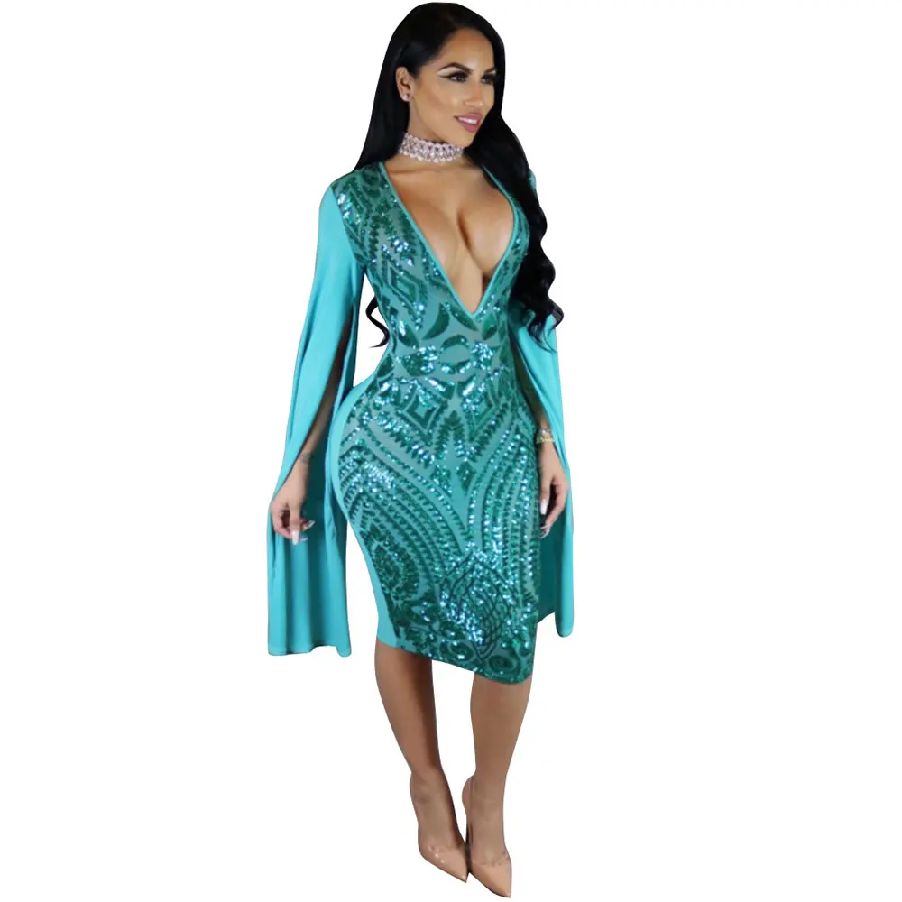 

Sexy Club Dress 2017 Autumn Women Long Sleeve Cloak Cape Bodycon Sequin Dress Sexy Blue Deep V Neck Party Club Sequined Dress