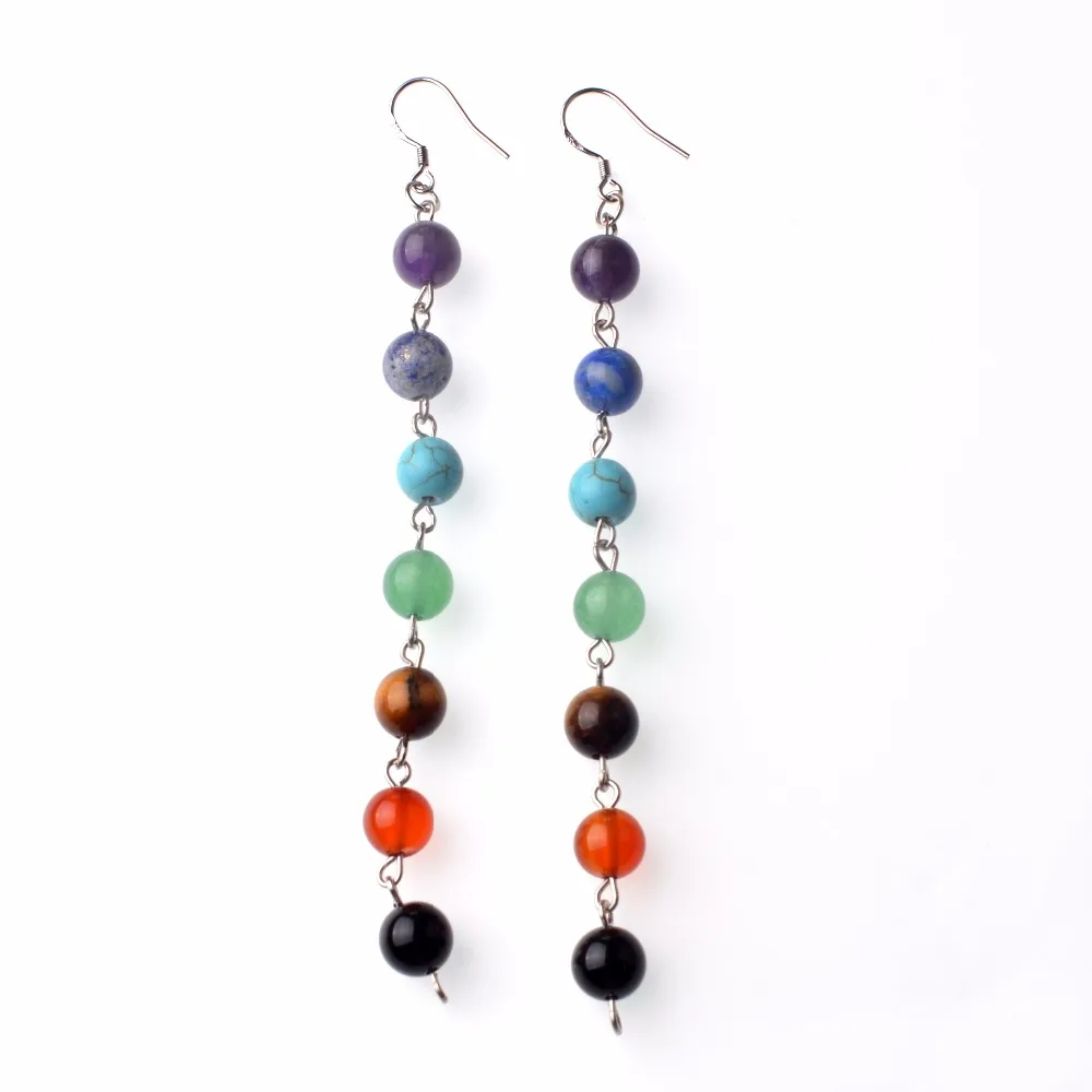 Multicolor 7 Chakra Beads Yoga Reiki Healing Stone Rainbow Round Natural Stone Beads Opal Drop Earrings