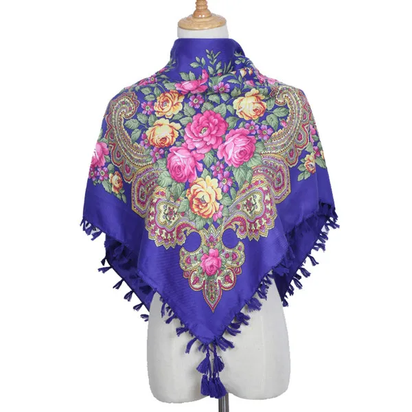 Россия квадратный модный декоративный шарф для женщин ручной работы с кисточкой Цветочный Дизайн шарфы одеяло шаль платок 90*90 см - Цвет: Baolan