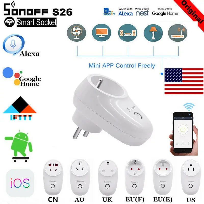 

Sonoff S26 WiFi Smart Socket US/UK/CN/AU/EU Wireless Plug Power Sockets Kit Smart Home Switch Work With Alexa Google Home