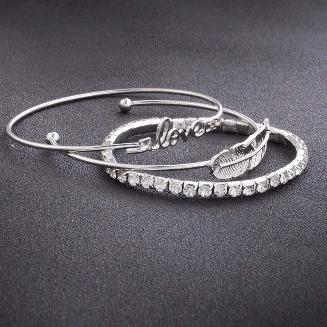 3pcs/Set Women Leaf Feather Love Crystal Rhinestone Open Bangle Bracelets