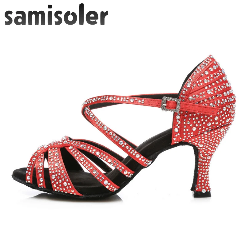 Samisoler Latin Dance Shoes Women with Black Satin tango jazz Salsa Rhinestone Shoes Dance For Women Ballroom Dancing Shoes Hig
