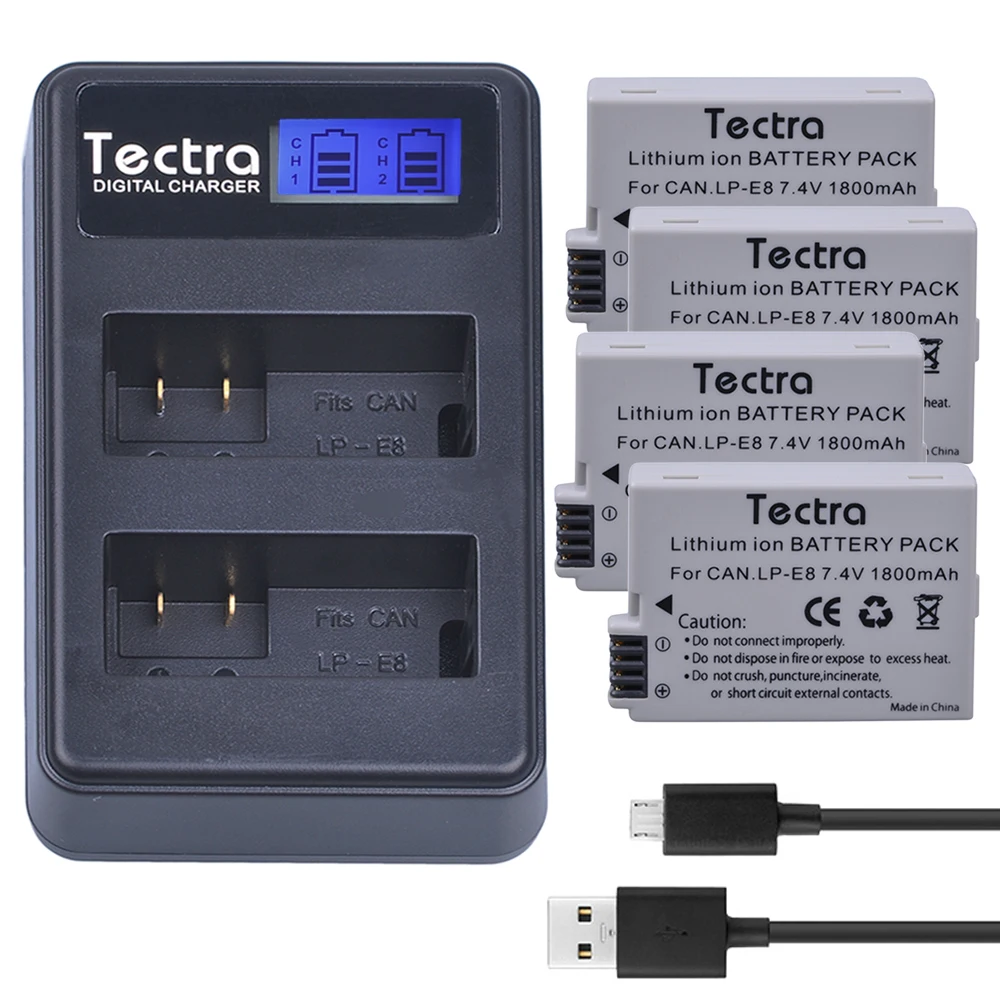 

Tectra 4PCS LP-E8 LPE8 LP E8 7.4V/1800mAh Li-ion Battery + LCD USB Dual Charger For Canon EOS 550D 600D 650D 700D