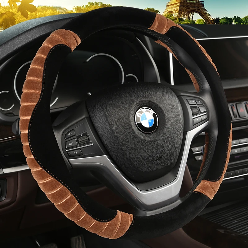 

KKYSYELVA Winter Car steering wheel cover Warm Plush Steering-wheel Protector Cover 38cm Interior Accessories