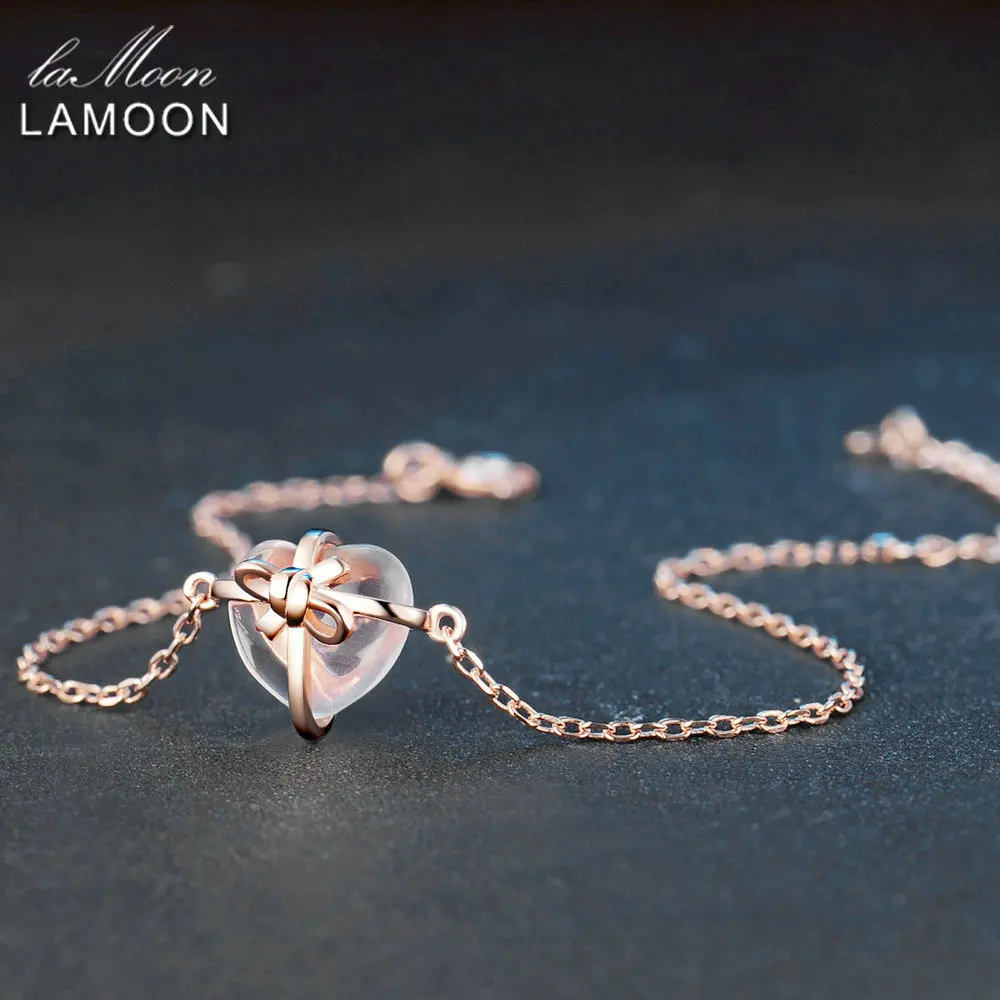 LAMOON Heart 9x10mm 100% Natural Gemstone Rose Quartz 925 Sterling Silver Jewelry S925 Charm Bracelet LMHI047
