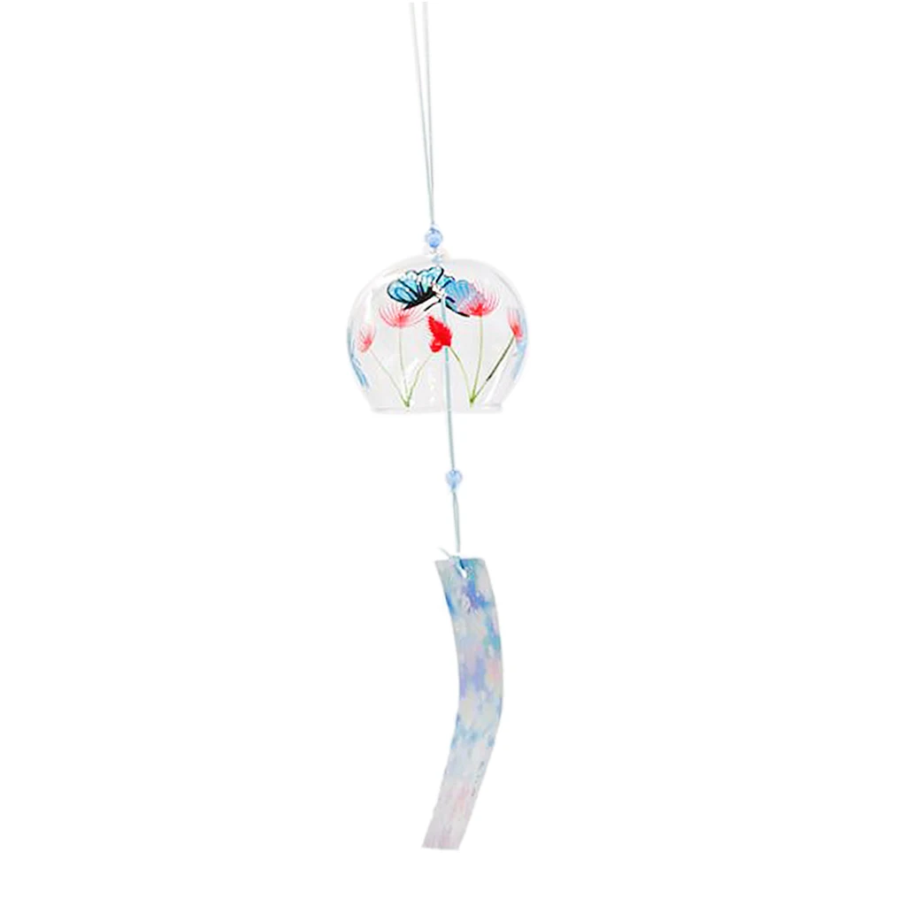 Japanese Culuture Glass Bell Furin Wind Chime Hanging Decor Butterfly Flower Pattern Decoration Crafts