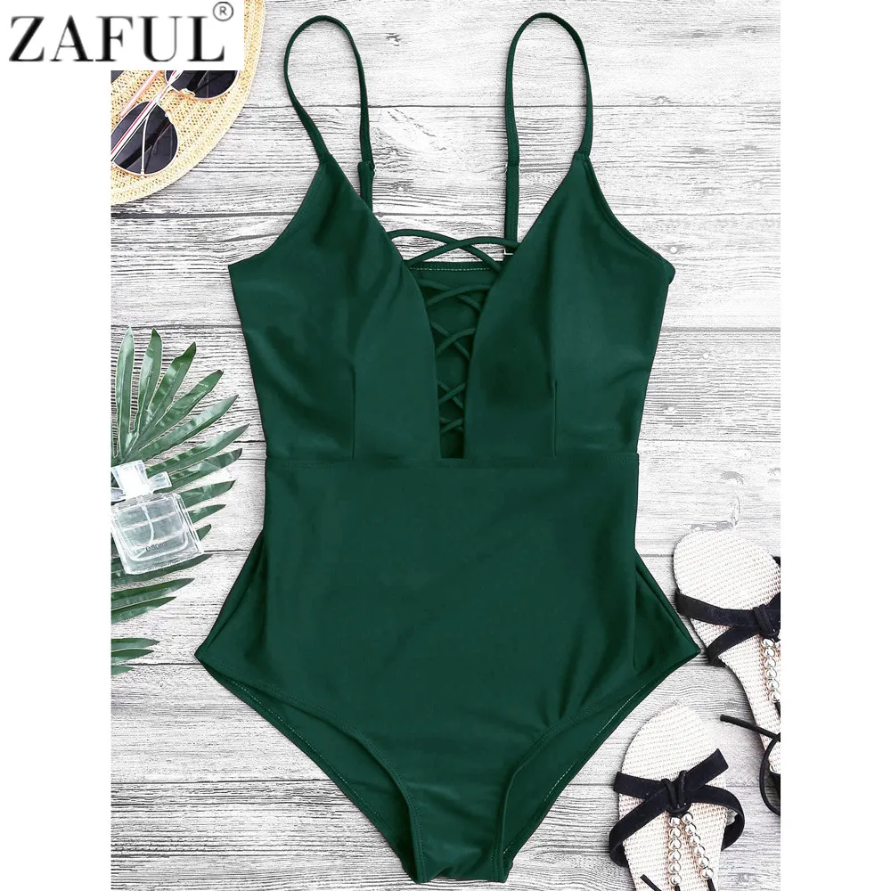 ZAFUL Women Sexy Crisscross Plunge One Piece Swimwear Backless Monokini