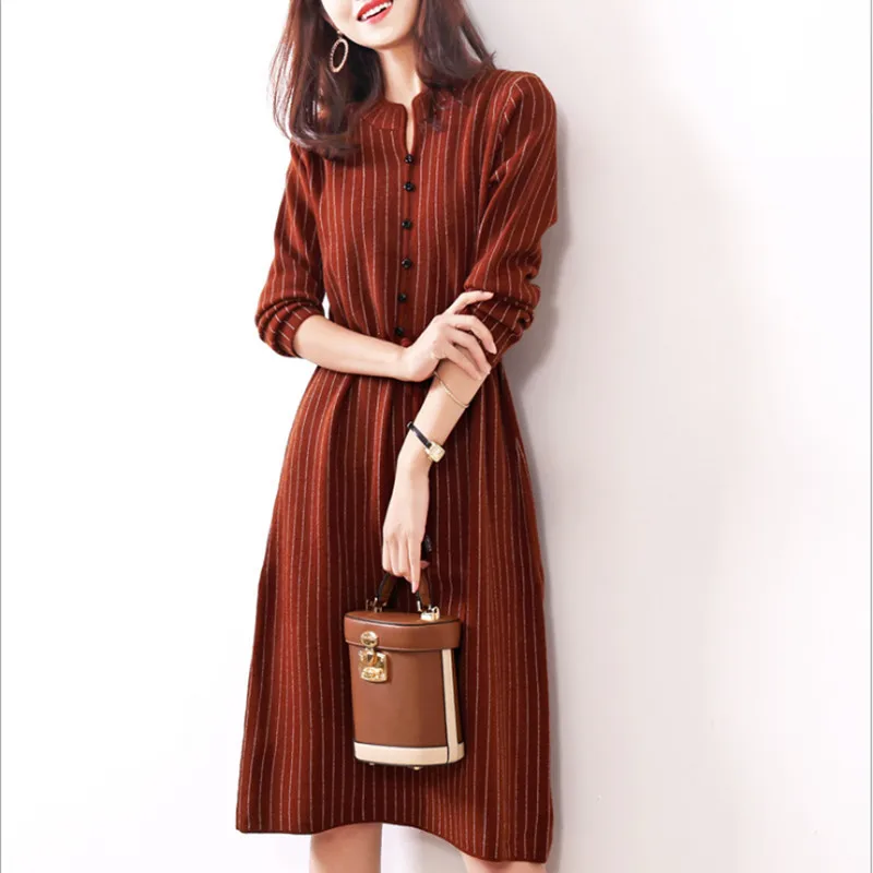 

Women Striped Wool Knitted Office Dress Autumn Winter Office Ladies Striped Elegent Formal Dress For Women A-Line Work Dress