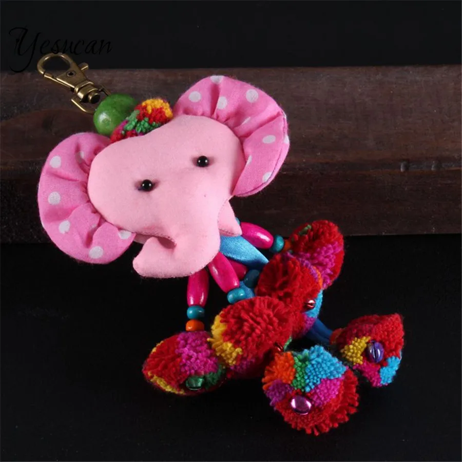 

Interestting Colorful Hairball Animal Key Chain Charm Spotted Elephant Shape Key Chains Thai Ethnic Elephant Hanging Ornaments