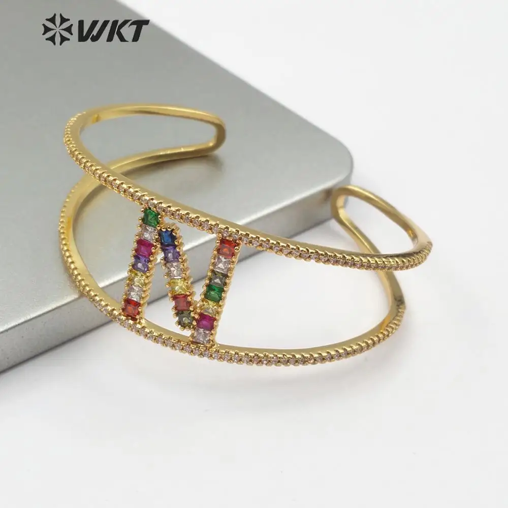 

WT-B470 CZ Pave Bangle Multi Color Alphabet Bangle Jewelry 1-26 Letters Can Be Available Birthday Gift For Her Adjustable Bangle