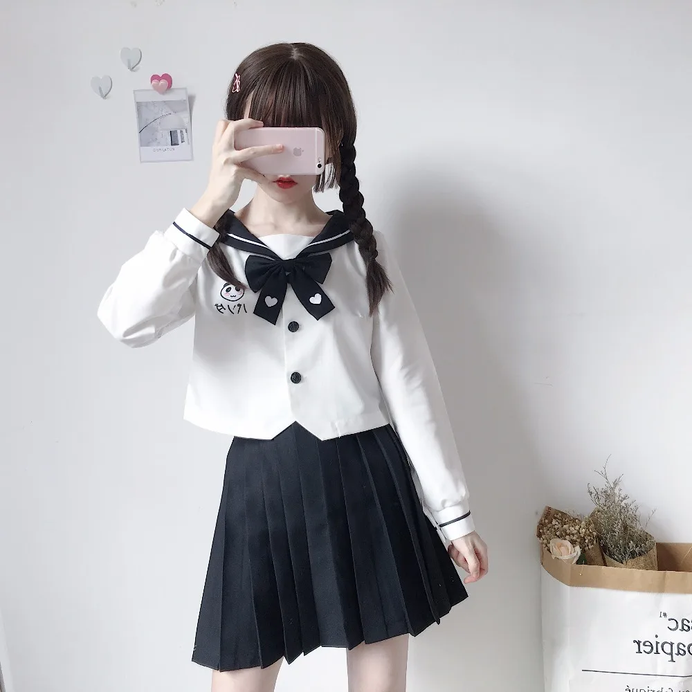 

Sweet Japanese Women's Cute Panda Embroidery Anime School Uniform JK Sailor Uniforms Two-piece set Sailor Suits Korean Student