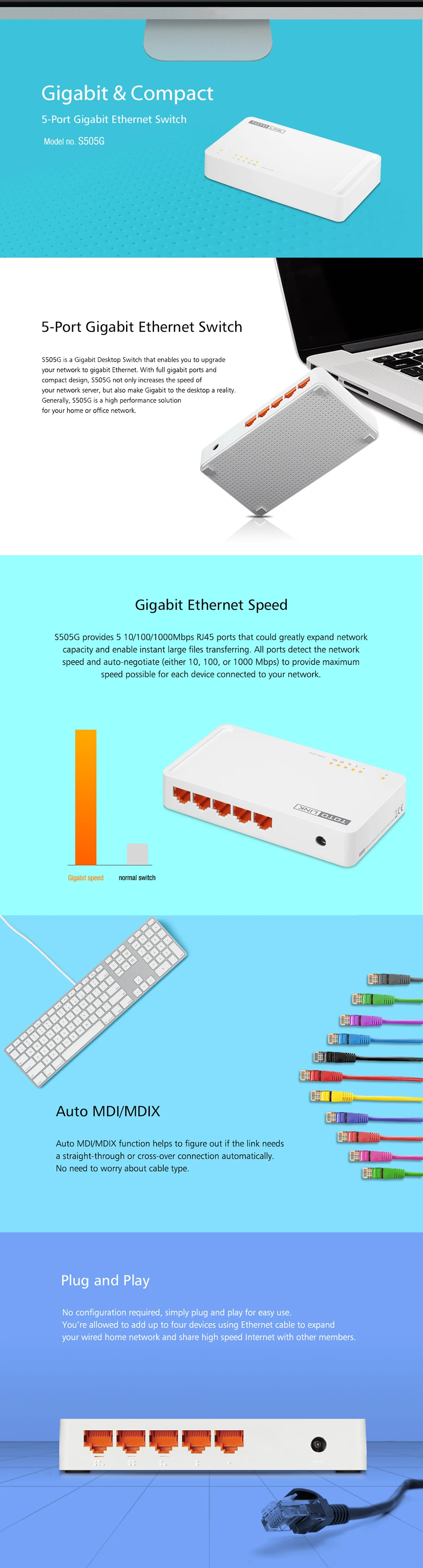 TOTOLINK настольный коммутатор S505G-5 портов 10/100/1000 Мбит/с гигабитный