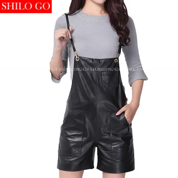 

Plus size autumn winter fashion women high quality Sheepskin square pocket metal buckle leisure black leather strap pants