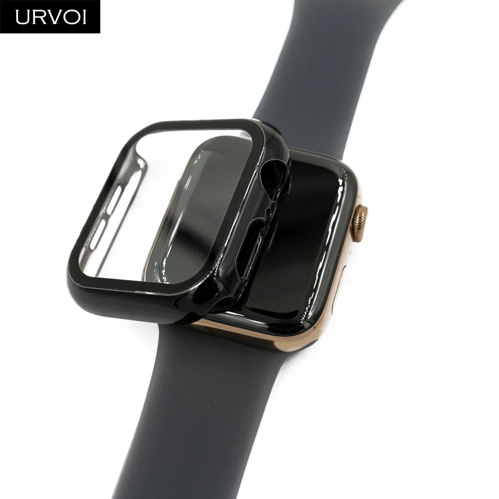 URVOI Full case for Apple Watch series 5 4 3 2 Plastic bumper hard frame cover with Tempered film for iWatch screen protector