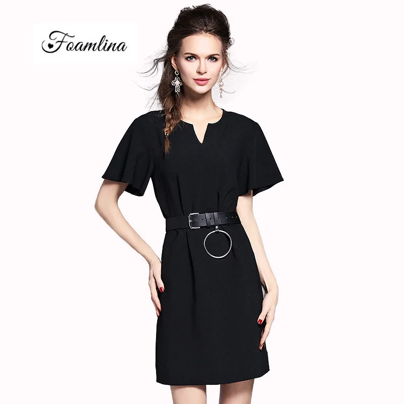 Foamlina Elegant Women Black Summer Dress V neck Short Sleeve Belted