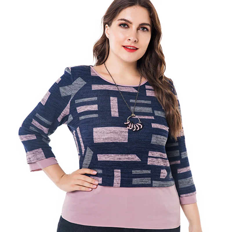 Miaoke plus size t shirt women clothing 2018 autumn new fashion knit elastic print fake two pieces tops 4XL 5XL 6XL