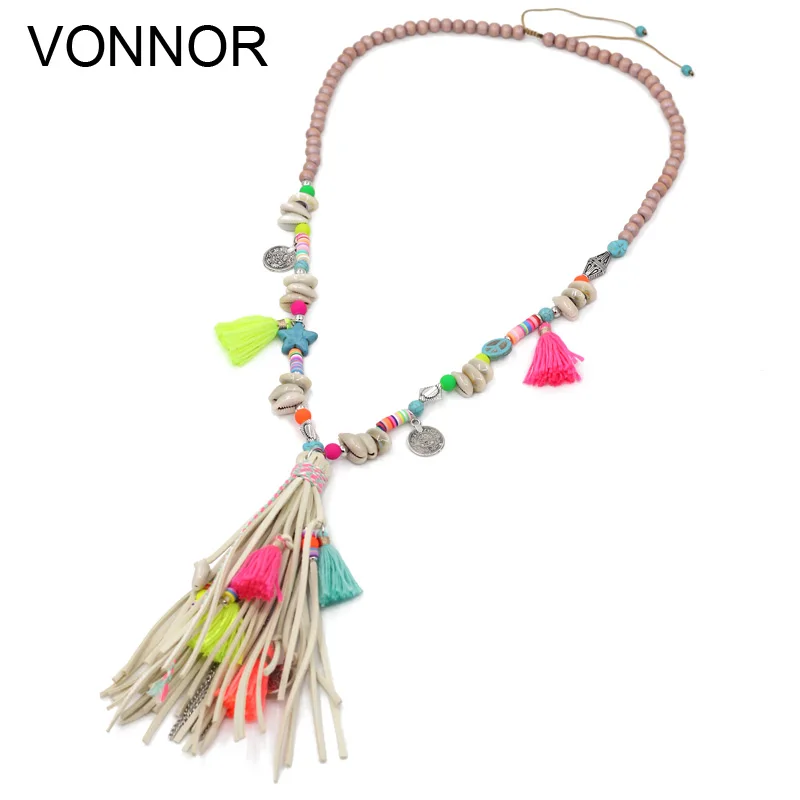 VONNOR Jewelry Women Statement Necklaces Bohemian Colorful Strand Necklaces Tassel Pendant Female Girls Long Necklace for Dress