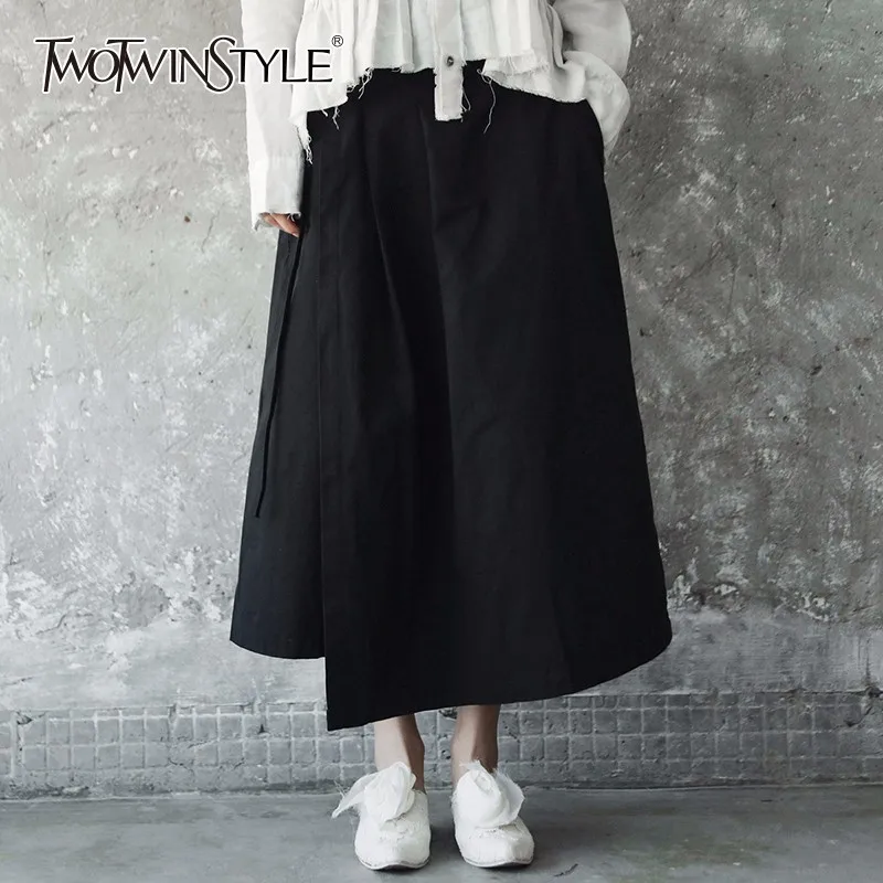 

TWOTWINSTYLE Patchwork Pant For Women Lace Up High Waist Long Wide Leg Trouser Spring Fashion Large Size Casual Clothing 2019