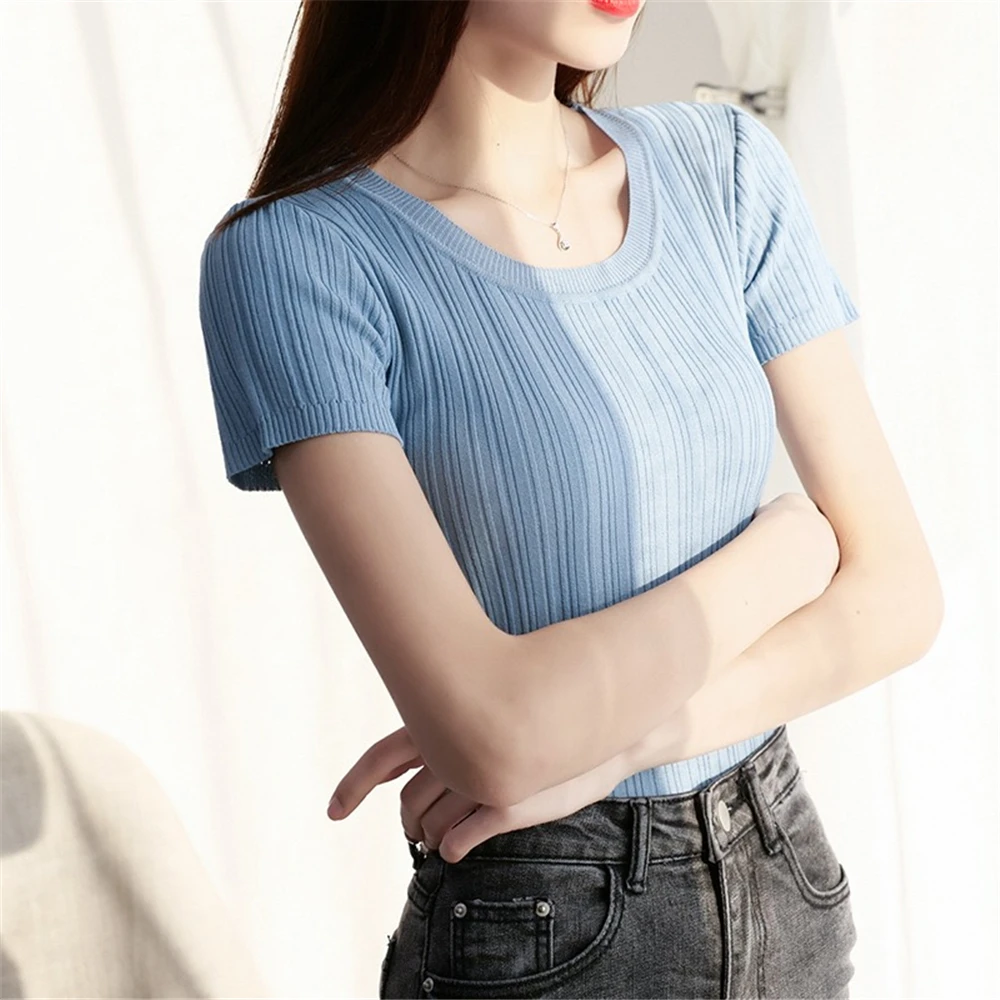 Women s Summer Knitted Ball Sweater Solid Color Cotton Round Neck Short Sleeve Fashion Elastic Striped Girl Sweet Slim T-Shirt
