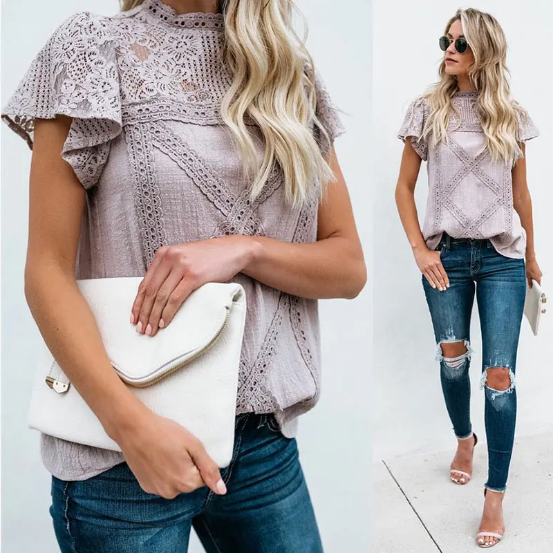 Cotton Lace Short Petal Sleeve Women's Shirts 2019 Patchwork Appliques Vintage Stand Collar Female O Neck Casual Summer Blouses