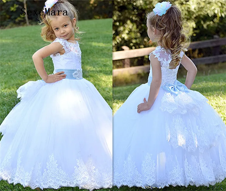 White Lace Applique Flower Girl Dress for Wedding Little Princess Christmas Ball Gown First Communion | Детская одежда и обувь