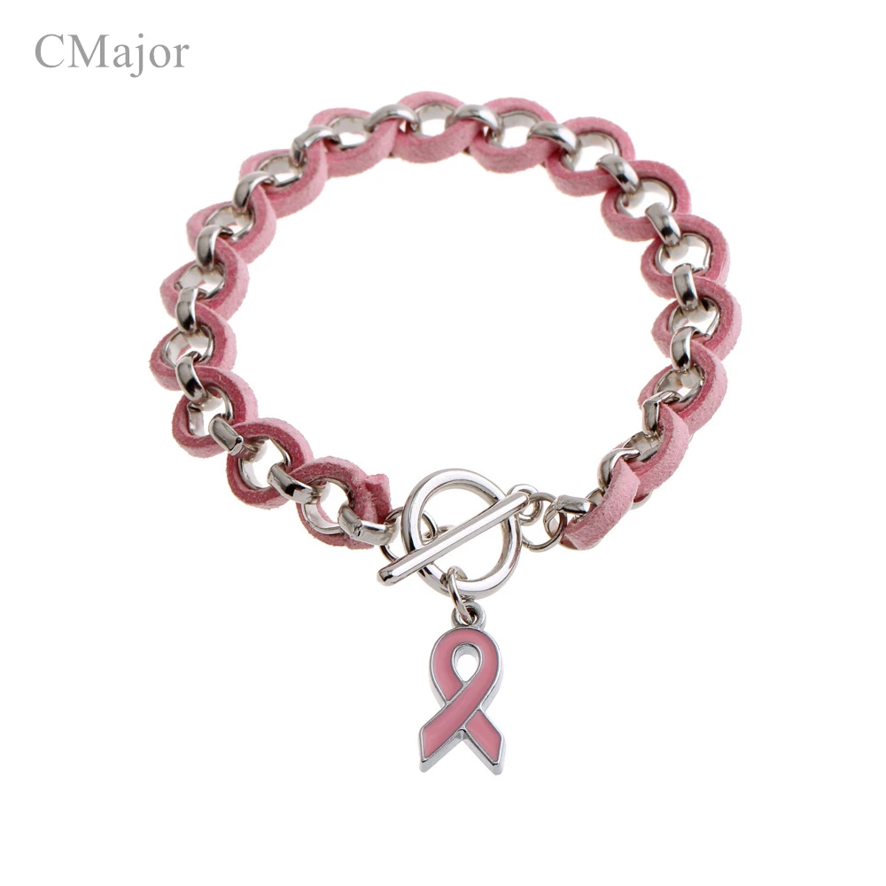 

CMajor Enamel Pink Ribbon Charm Bracelets & Bangles for Women Breast Cancer Awareness Chain Braiding With Leather Rope Bracelets