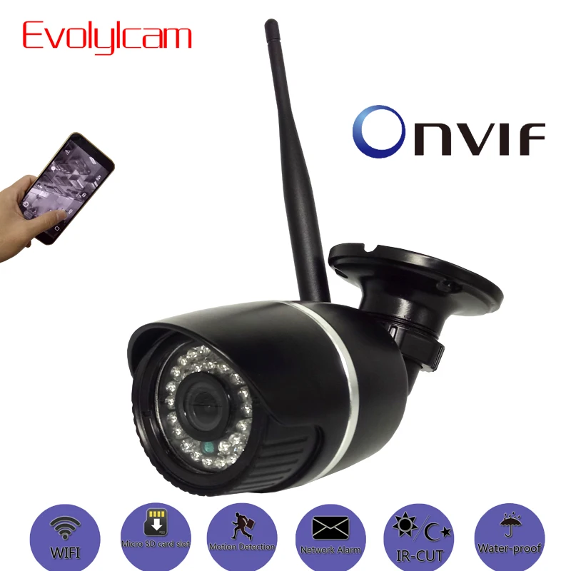 

Evolylcam 720P Wireless HD 1MP Micro SD/TF card slot IP Camera Wifi Onvif P2P CCTV Security IR Bullet Network Alarm Outdoor Cam