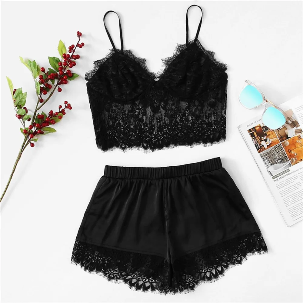 

Black Sexy Basics Solid Pajamas Set Sheer Eyelash Lace Cami Top And Satin Shorts PJ Set Summer Casual Women Nightwear Sleepwear