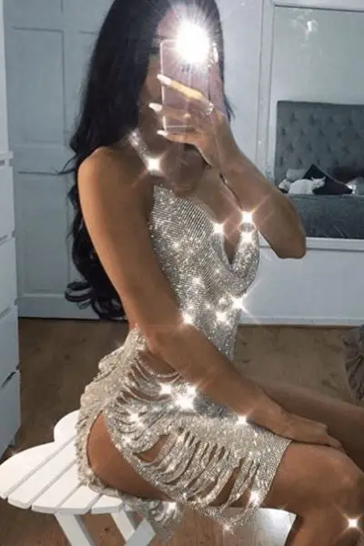 

High Quality Silver Black Gold Strap Hollow Out Bodycon Bright Dress Fashion Mood Party Dress