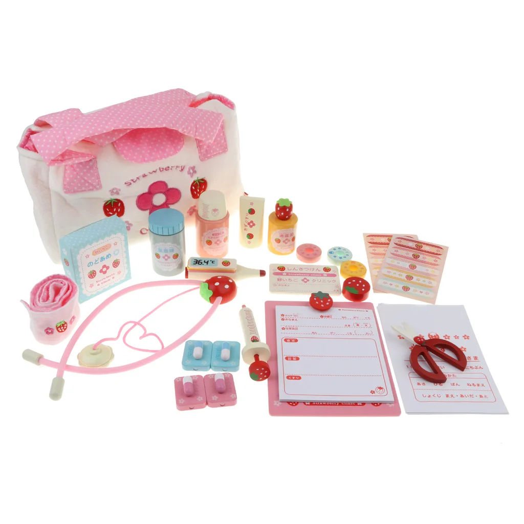 

Set of 28pcs Kids Wooden Toy Doctor Nurse Kit - Strawberry Clinic Role Pretend Play Set Learning Educational for Boys Girls
