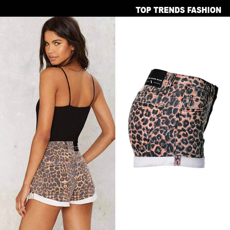 

Newest hot style high-waisted stretch denim shorts with leopard-print for sexy ladies