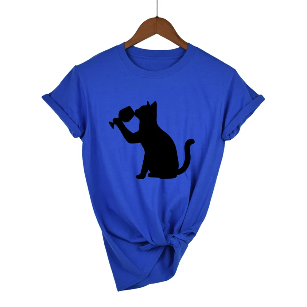 Высокое качество хлопок летняя модная женская футболка напиток кошка футболка с коротким рукавом o-образным вырезом Повседневная Большие размеры - Цвет: Blue-B