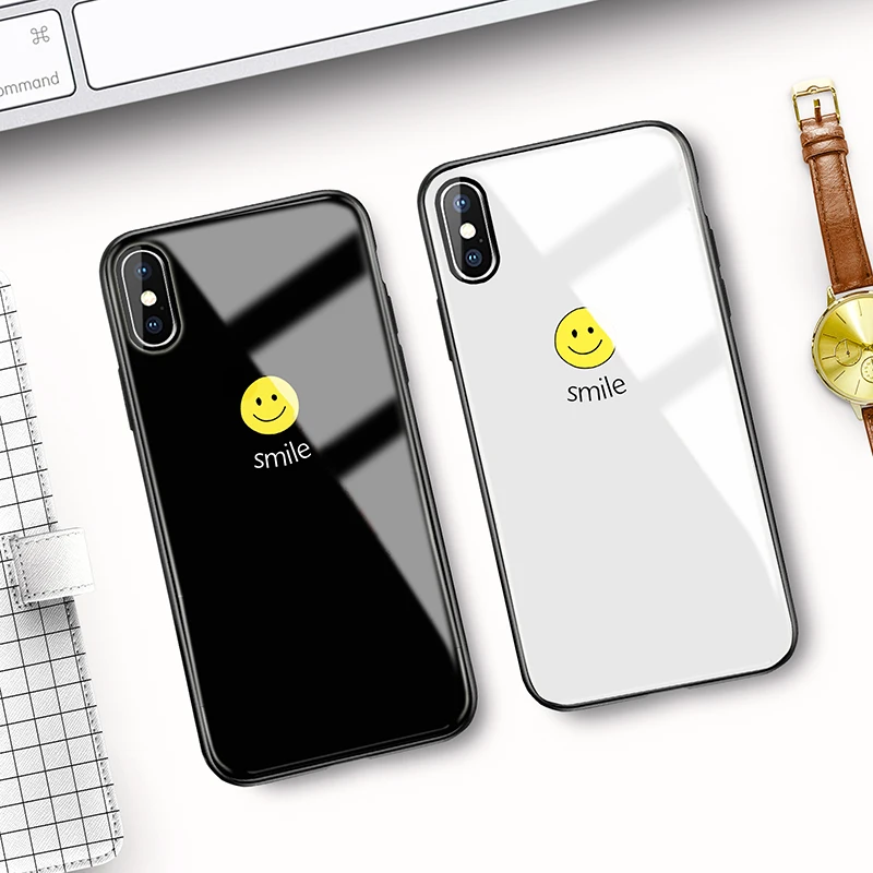 

Tempered Glass Case For iphone X 10 XR XS Max 7 8 6 S 6S Plus Smile Pattern Phone Back Cover For iphone 6Plus 7Plus 8Plus Fundas