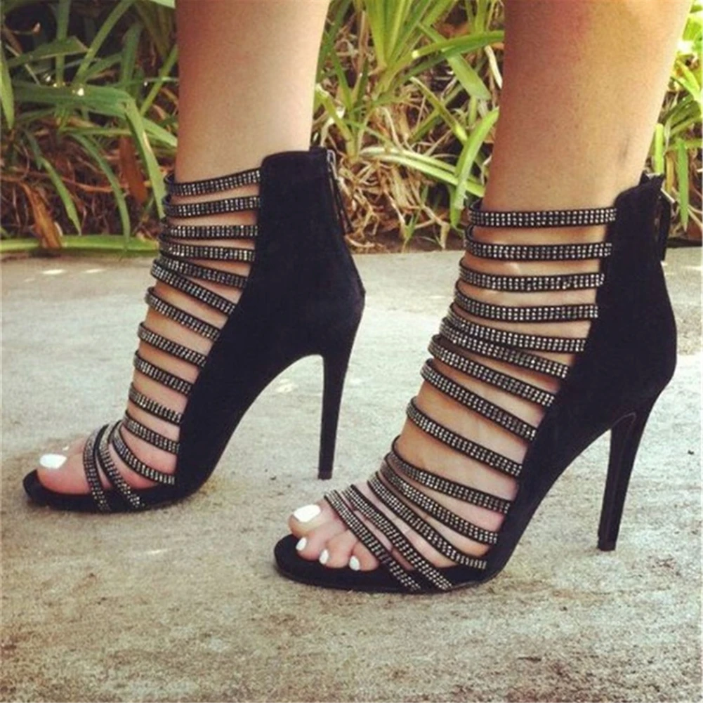 

brand design big size 47 crystals sexy high heels Women Shoes sandals woman lady Summer Party night Prom zipper Shoes Woman