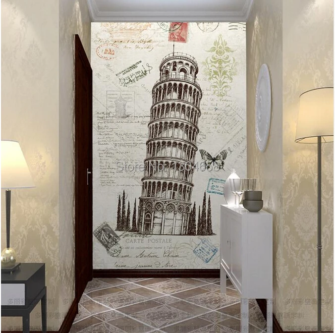 

Free shipping custom modern retro nostalgia Leaning Tower of Pisa 3D mural wallpaper TV backdrop mural entrance hallway corridor