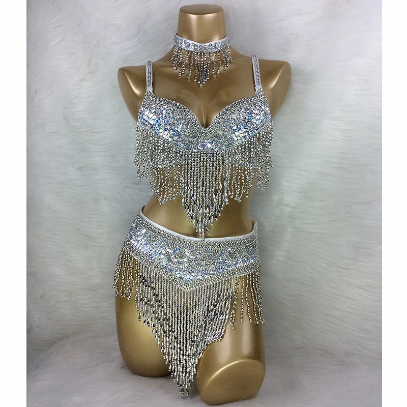 

Wholesale Belly Dance Costume 3pcs Set BRA BELT NECKLACE GOLD&SILVER white 4 COLORS #TF201,34D/DD,36D/DD,38/D/DD,40B/C/D,42D/DD