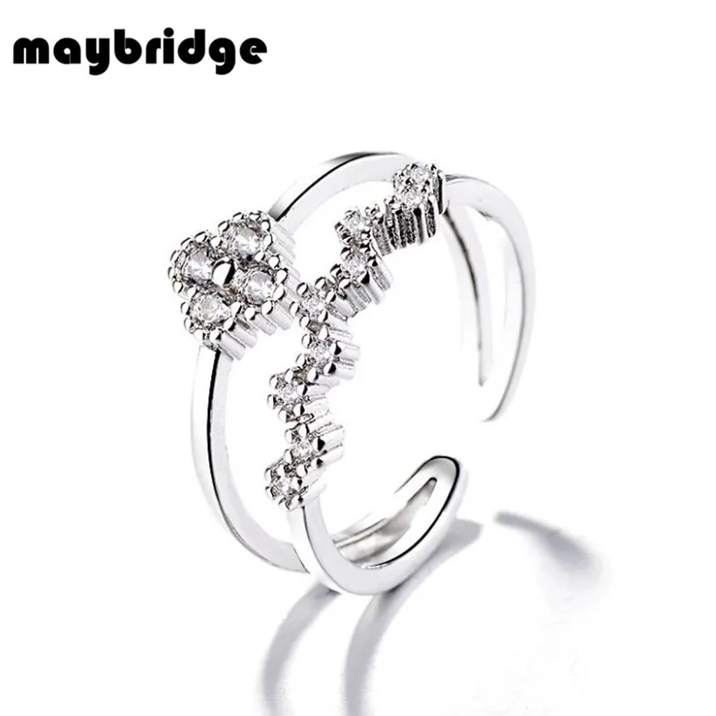 RM039 Creativity Opening Ring Small Fresh Double Decker Rhinestone Lucky Clover Women Girl Silver Plated Jewelry Wholesale | Украшения и