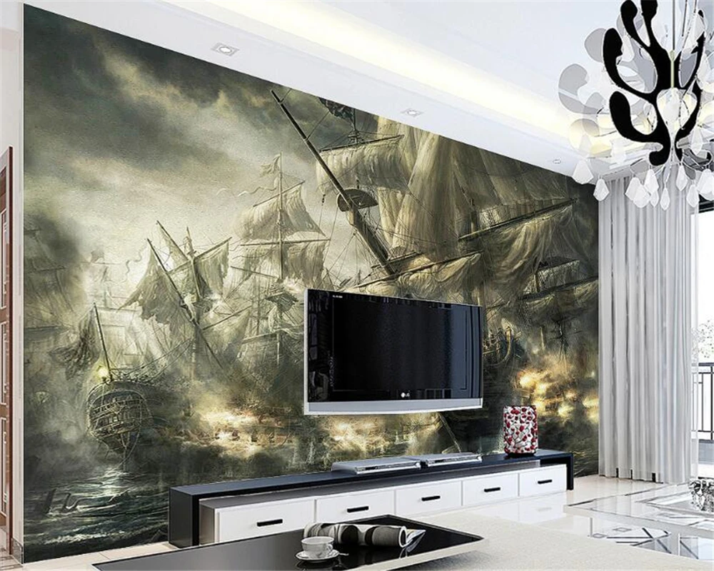 

Beibehang Custom 3 Wallpaper European Retro Oil Painting Pirate Ship Navigation Mural Living Room Bedroom TV Background Mural